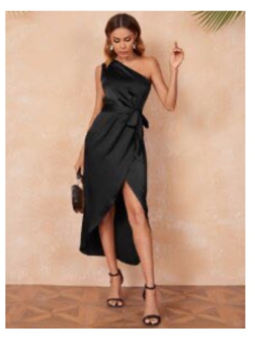 SHEIN One-Shoulder Black Satin Wrap Dress